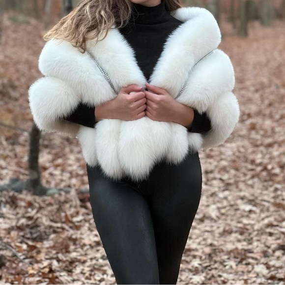 Jackets & Blazers - Women Fox Fur Shawl Coat Poncho Jacket Cape Overcoat Party